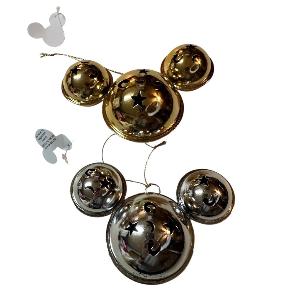 NWT Disney Mickey Ears Ornaments- Mickey Mouse Metal Bell Gold Tone, Silver Tone